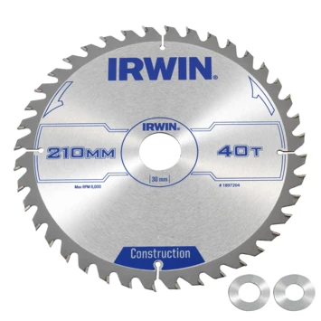 Irwin Cirkelzaagblad Ø210 Mm. Inclusief Reduceerringen Waardoor Geschikt Voor Asgat 16, 20 En 30 Mm, Vertanding 40T 1 Irwin Cirkelzaagblad Ø210 Mm. Inclusief Reduceerringen Waardoor Geschikt Voor Asgat 16, 20 En 30 Mm, Vertanding 40T